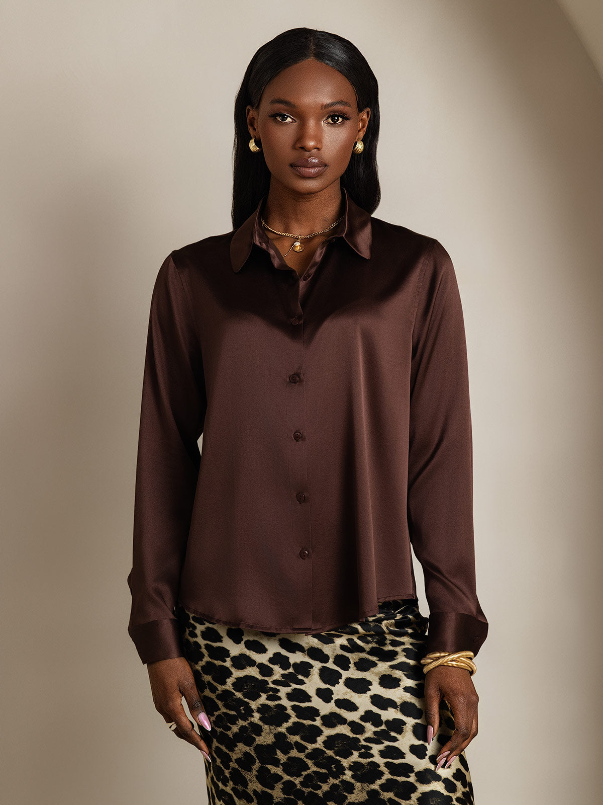 [Bruin] SilkSilky-NL Zijde Kraag Dames Blouse 003