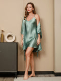 SilkSilky NL Pure Silk 3/4 Mouw Nightgown&Robe Set Mintgroen 005