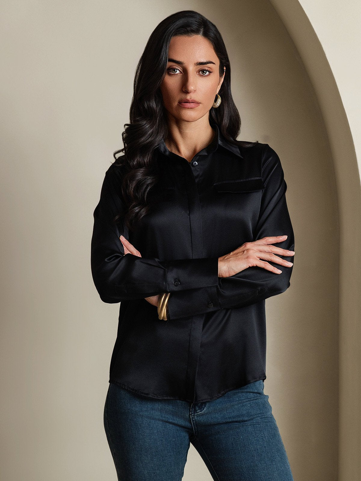 SilkSilky-NL 19Momme Zijde Lange Mouw Kraag Dames Blouse Zwart 003