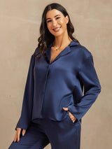 [Donkerblauw] SilkSilky-NL 19Momme Lange Mouw Notchkraag Dames Pyjama Set 007