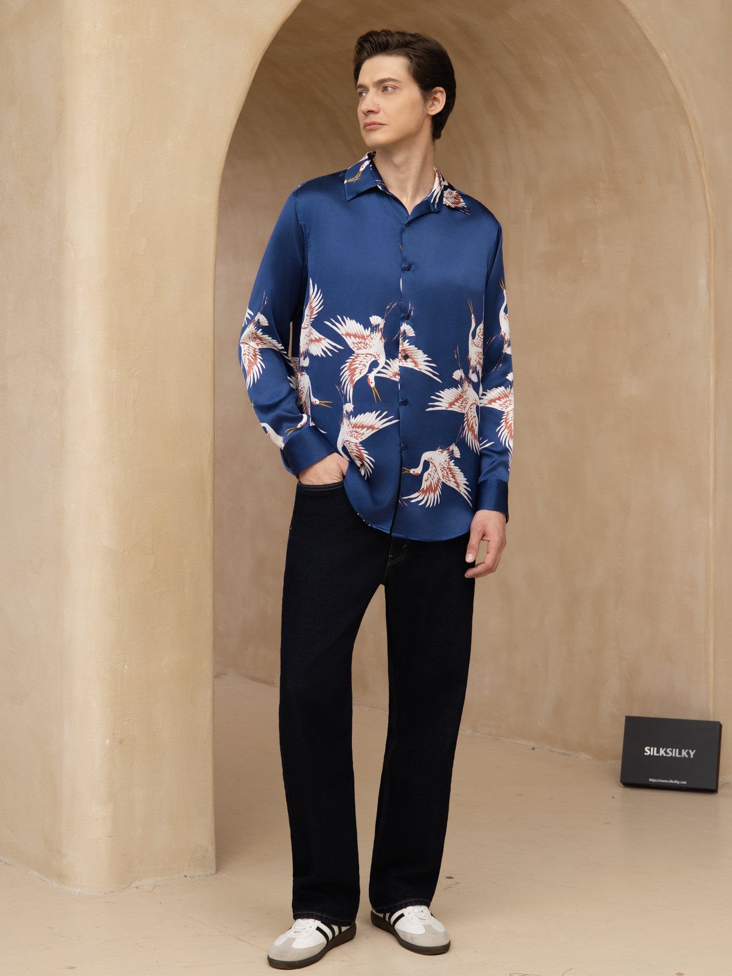 [Donkerblauw] SilkSilky-NL 19Momme Lange Mouw Reverskraag Heren Shirt 007