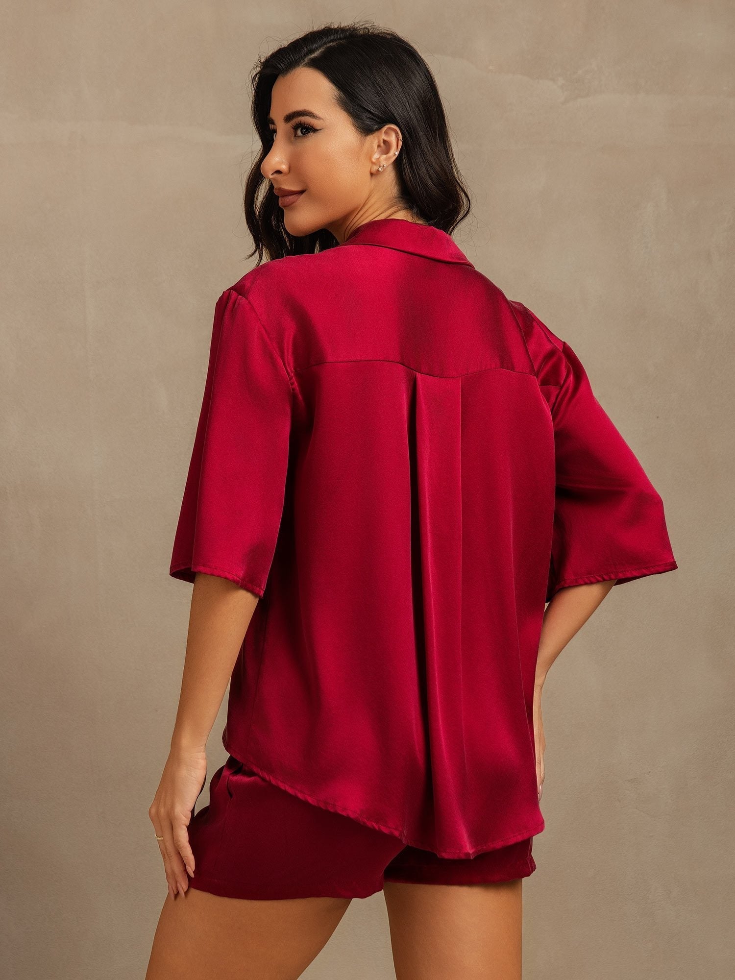 [Wijn] SilkSilky-NL 19Momme Zijde Kraag Dames Pyjama Set 002,