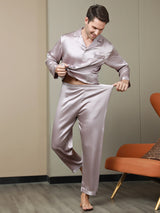 [Bleek Mauve] SilkSilky-NL Lange Mouw Notchkraag Heren Pyjama Set 007