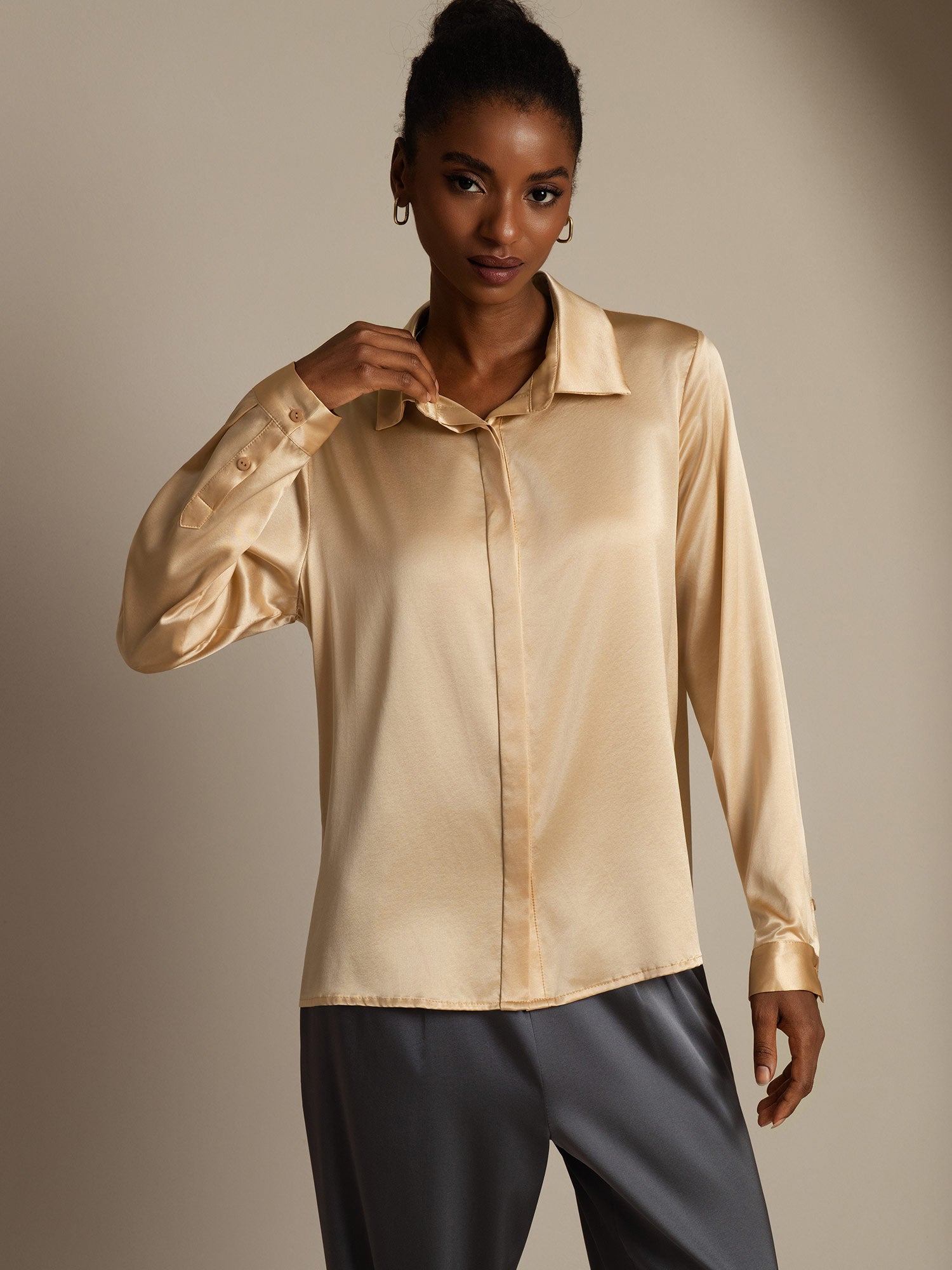 [Champagne] SilkSilky-NL 19Momme Zijde Kraag Dames Blouse 004