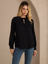 [Zwart] SilkSilky-NL Long Sleeve Keyhole Neck Blouse 001