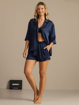 [Donkerblauw] SilkSilky-NL 19Momme Halve Mouw Notchkraag Dames Pyjama Set 007