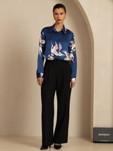 [Donkerblauw] SilkSilky-NL Long Sleeve Lapel Collar Dames Blouse 007