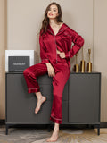 SilkSilky-NL Lange Mouw Revers Dames Pyjama Set Donkerrood 002