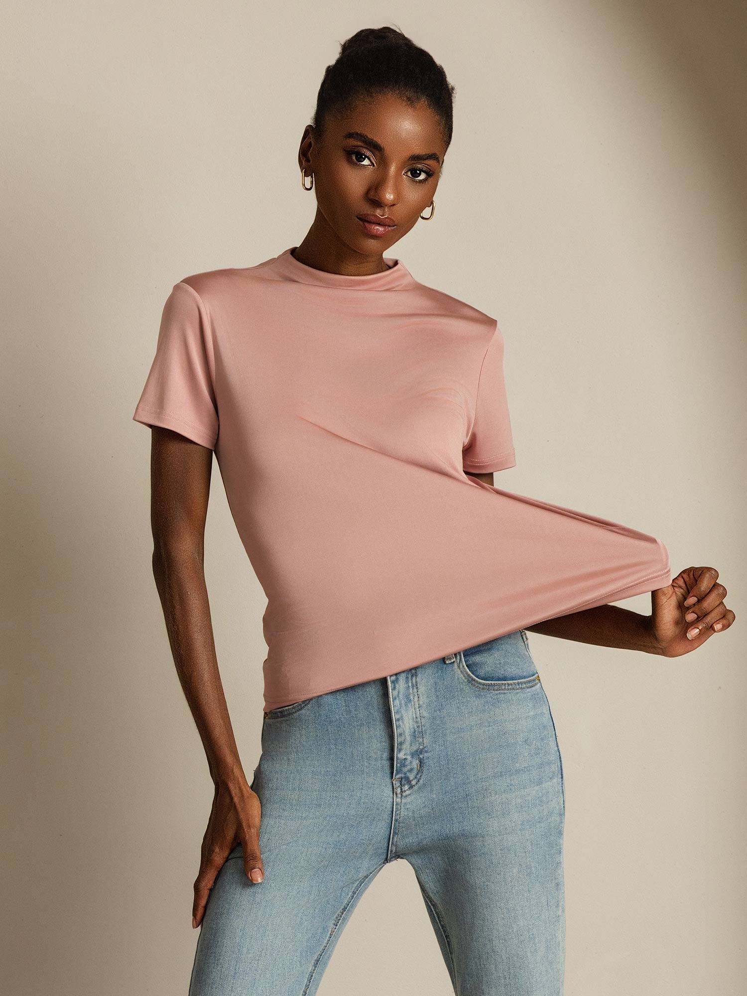 [Roze] SilkSilky-NL Zijde Kraag Dames T-Shirt 001