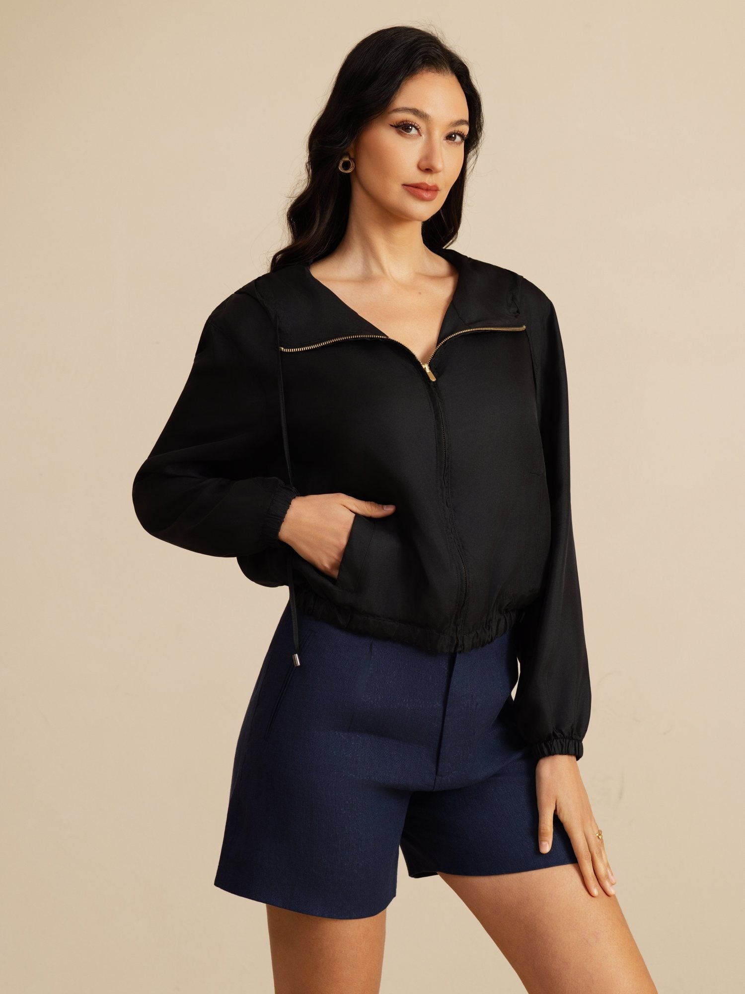 [Zwart] SilkSilky-NL 18Momme Lange Mouw Staande Kraag Dames Bovenkleding 003
