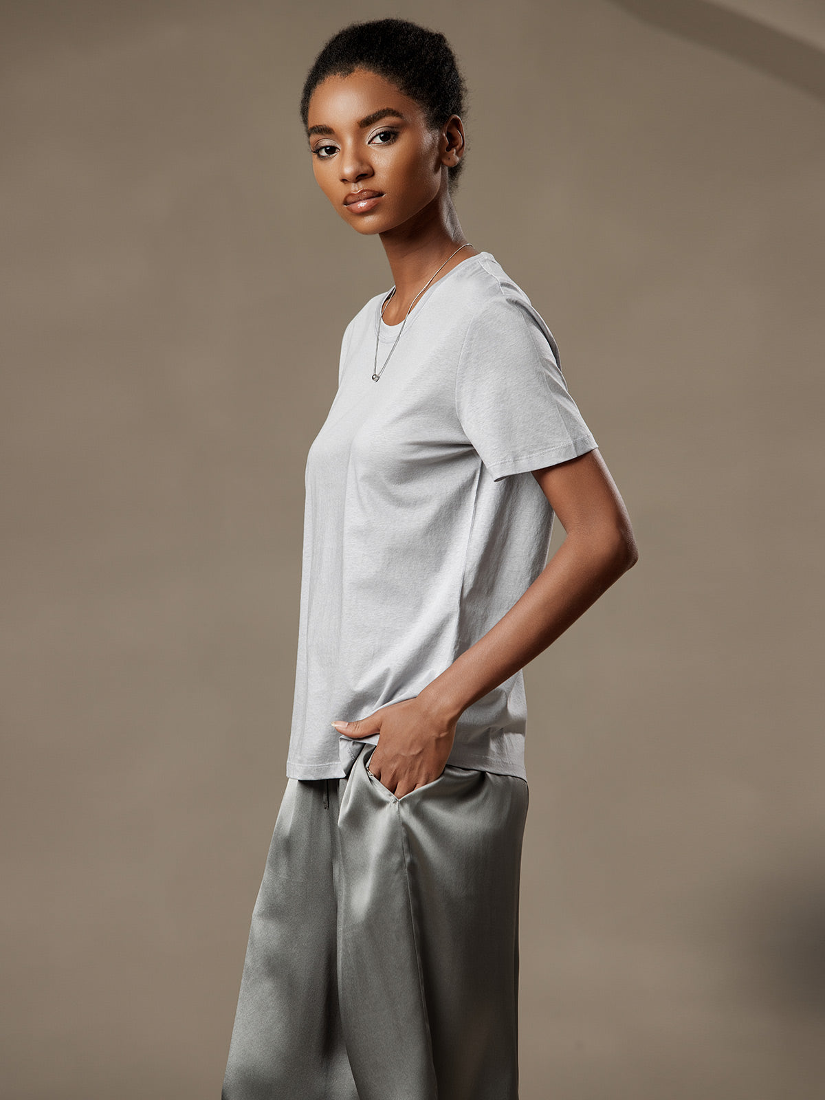 SilkSilky-NL Zijde Gebreid Korte Mouw Ronde Hals Dames T-Shirt Zilver 004