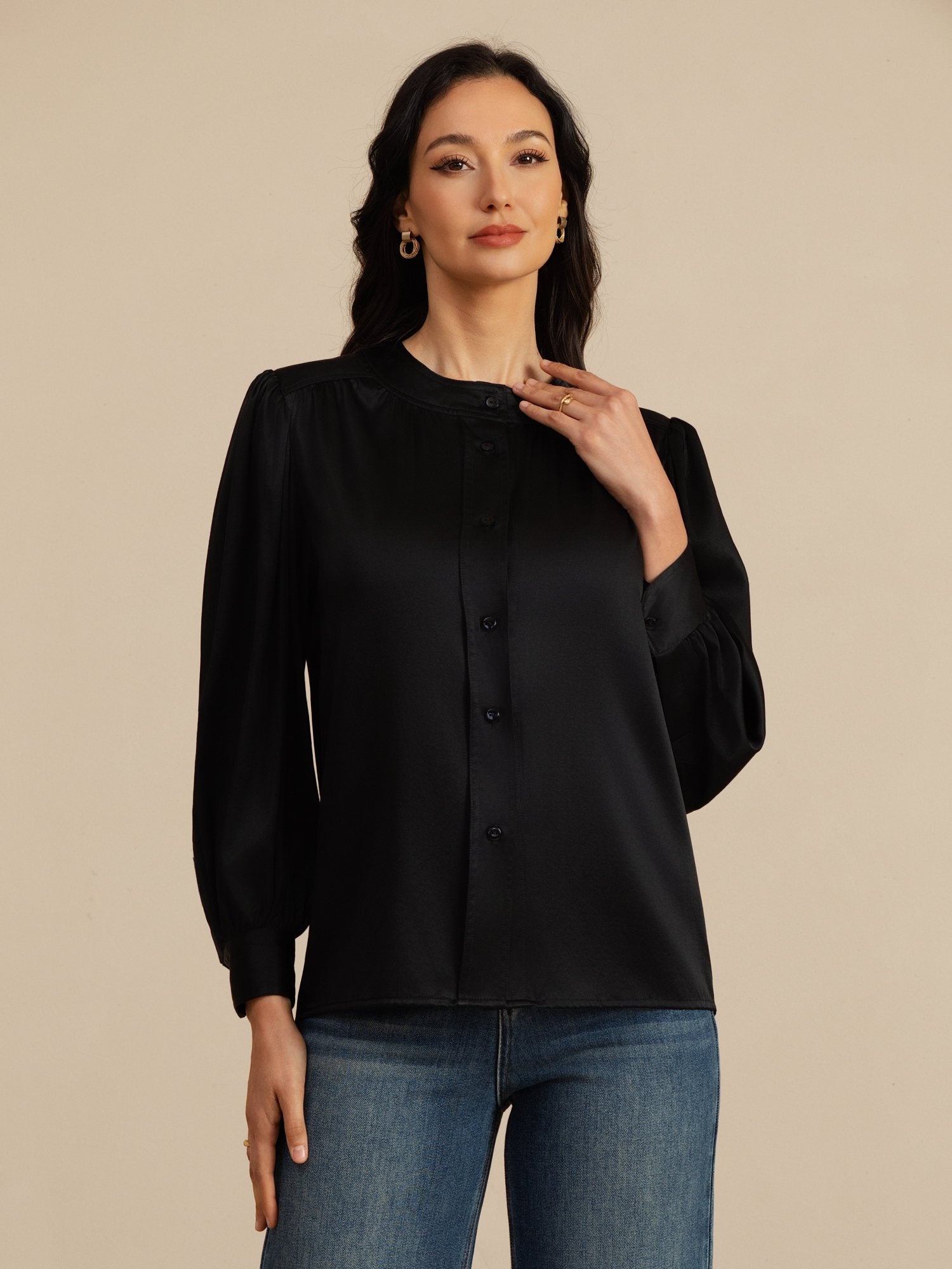 [Zwart] SilkSilky-NL 19Momme Long Sleeve Round Neck Blouse 004