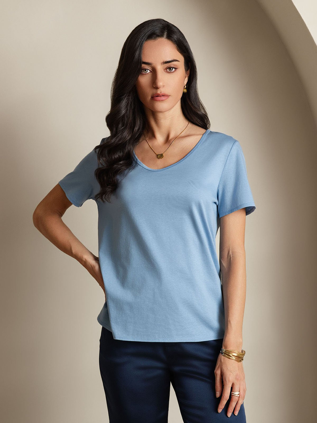 Zijdeblend V-hals Dames T-shirt – NL-SILKSILKY - Main Image