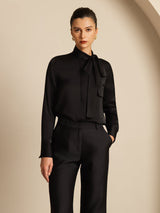 [Zwart] SilkSilky-NL 19Momme Lange Mouw Strikhals Blouse 005