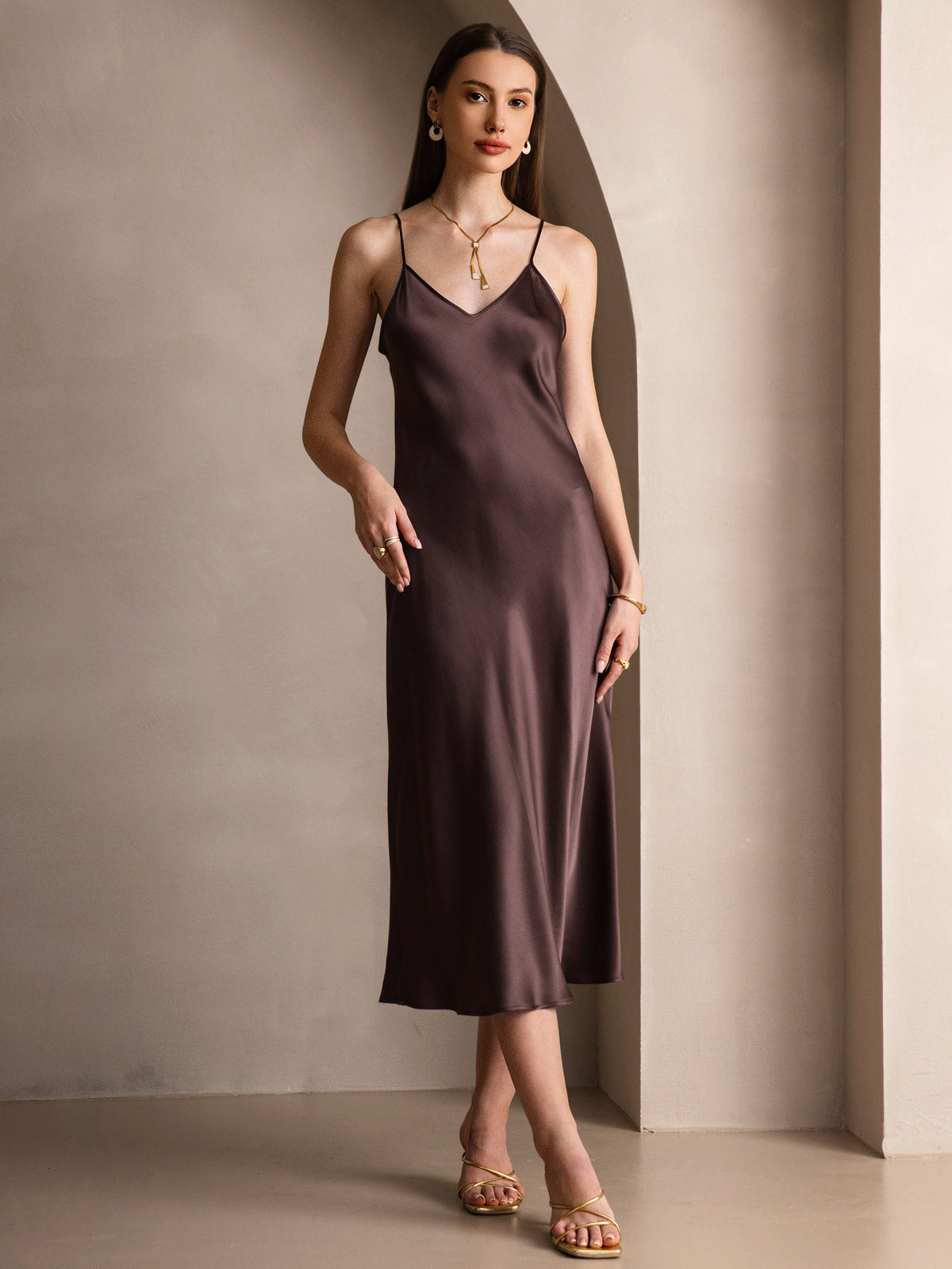 [Koffie] SilkSilky-NL Ronde Hals Jurk 003
