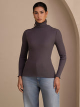 [Donkergrijs] SilkSilky-NL Long Sleeve Turtle Neck Dames T-Shirt 001