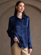 [Donkerblauw] SilkSilky-NL 19Momme Lange Mouw Reverskraag Dames Blouse 003