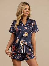 [Marine Bloemen] SilkSilky-NL Korte Mouw Notchkraag Dames Pyjama Set 005