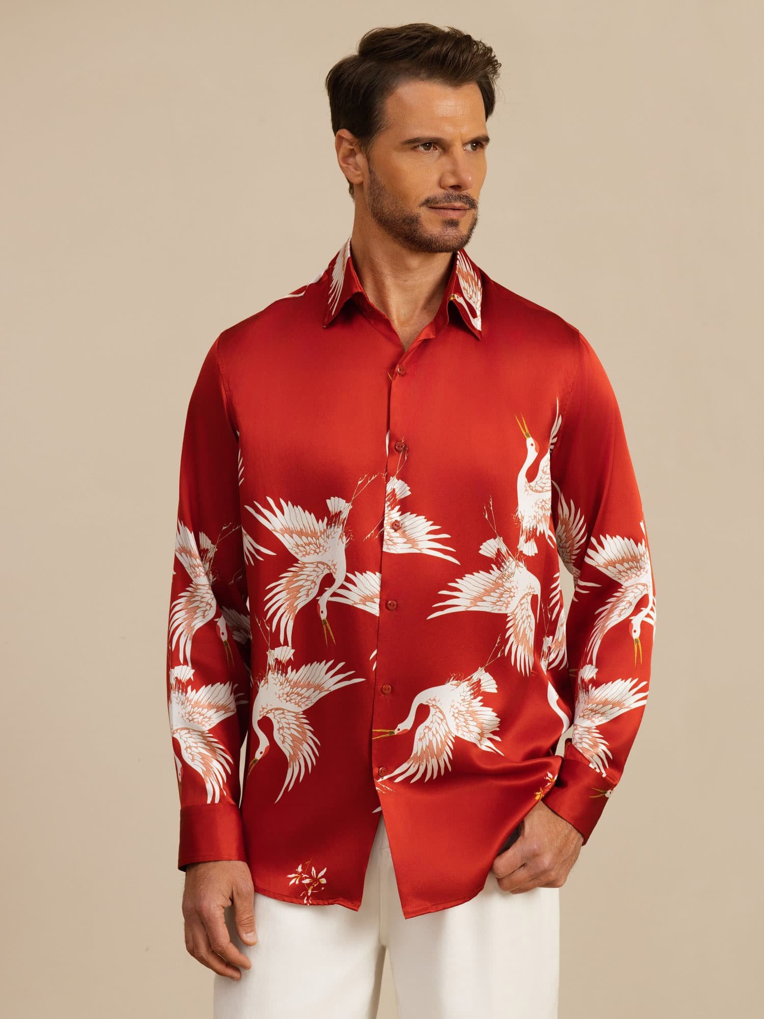 [Wijn] SilkSilky-NL 19Momme Lange Mouw Reverskraag Heren Shirt 003