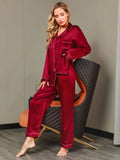 SilkSilky-NL Lange Mouw Revers Dames Pyjama Set Wijn 006