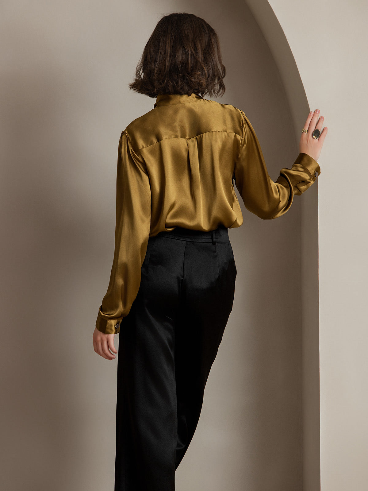 [Bruin] SilkSilky-NL 19Momme Zijde Lange Mouw Binda Hals Dames Blouse 002