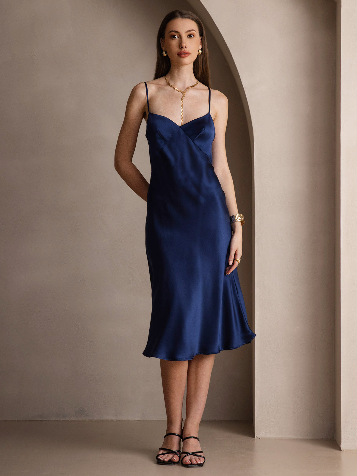 [Donkerblauw] SilkSilky-NL 19Momme V-Hals Jurk 001