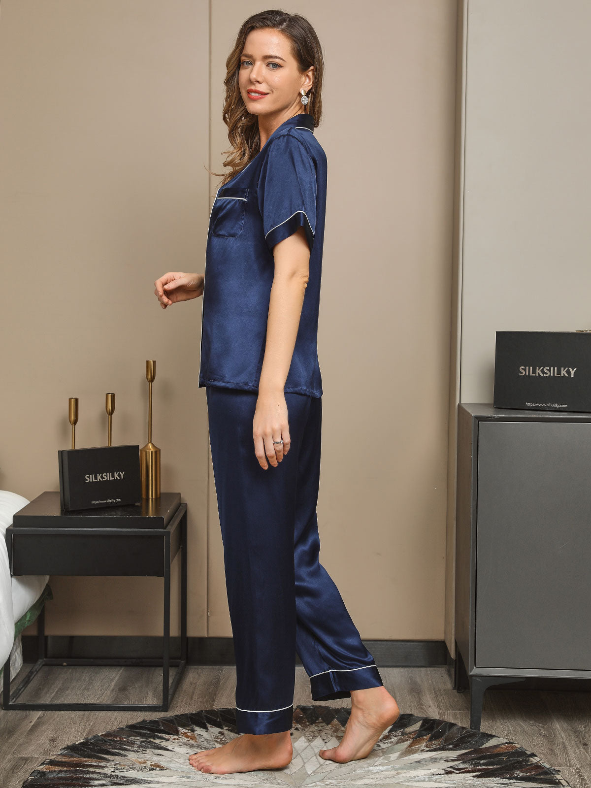 [Donkerblauw] SilkSilky-NL Pure Silk Korte Mouw Revers Dames Pyjama Set 005