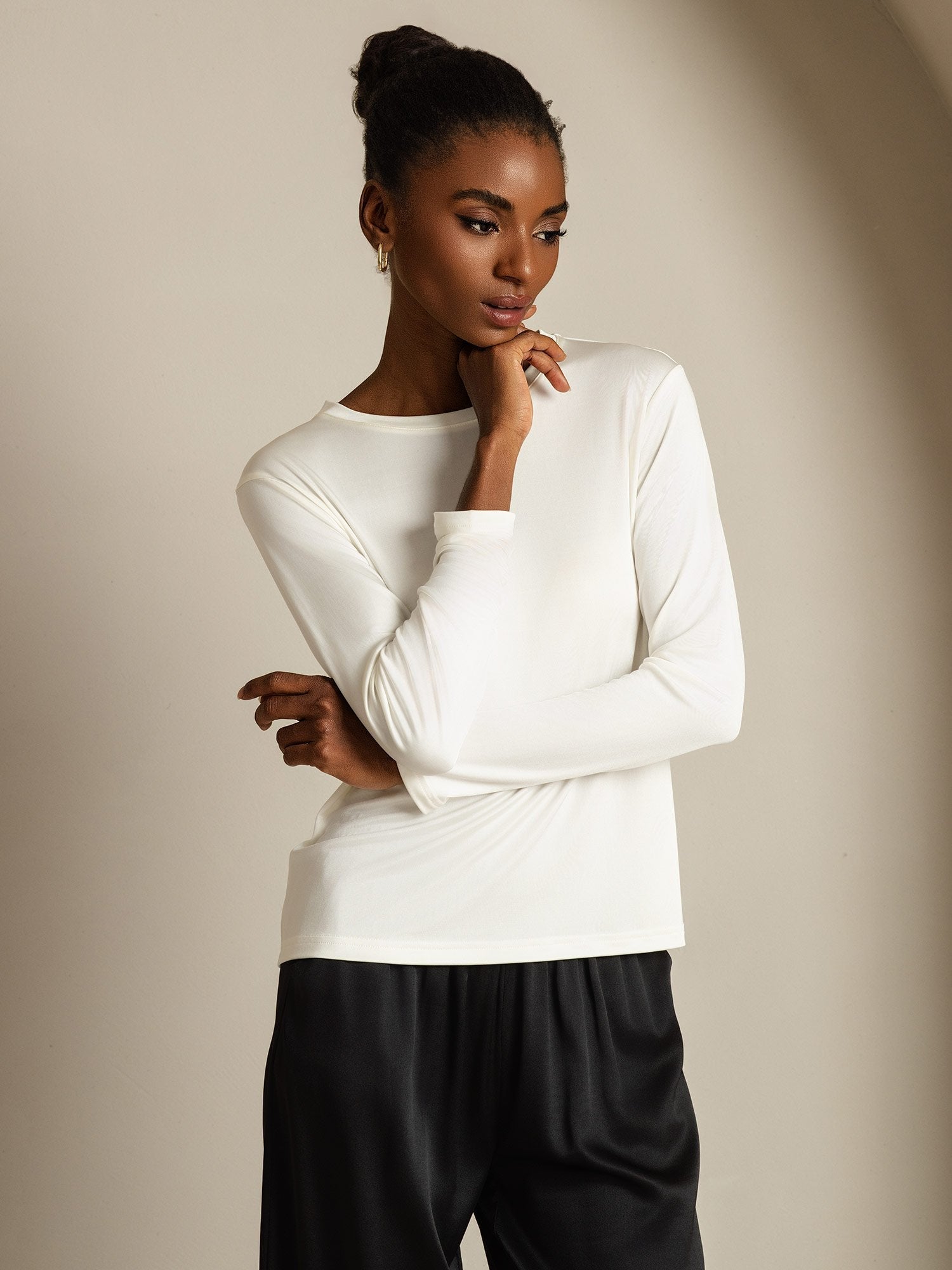 [Wit] SilkSilky-NL Lange Mouw Crew Hals Dames T-Shirt 006