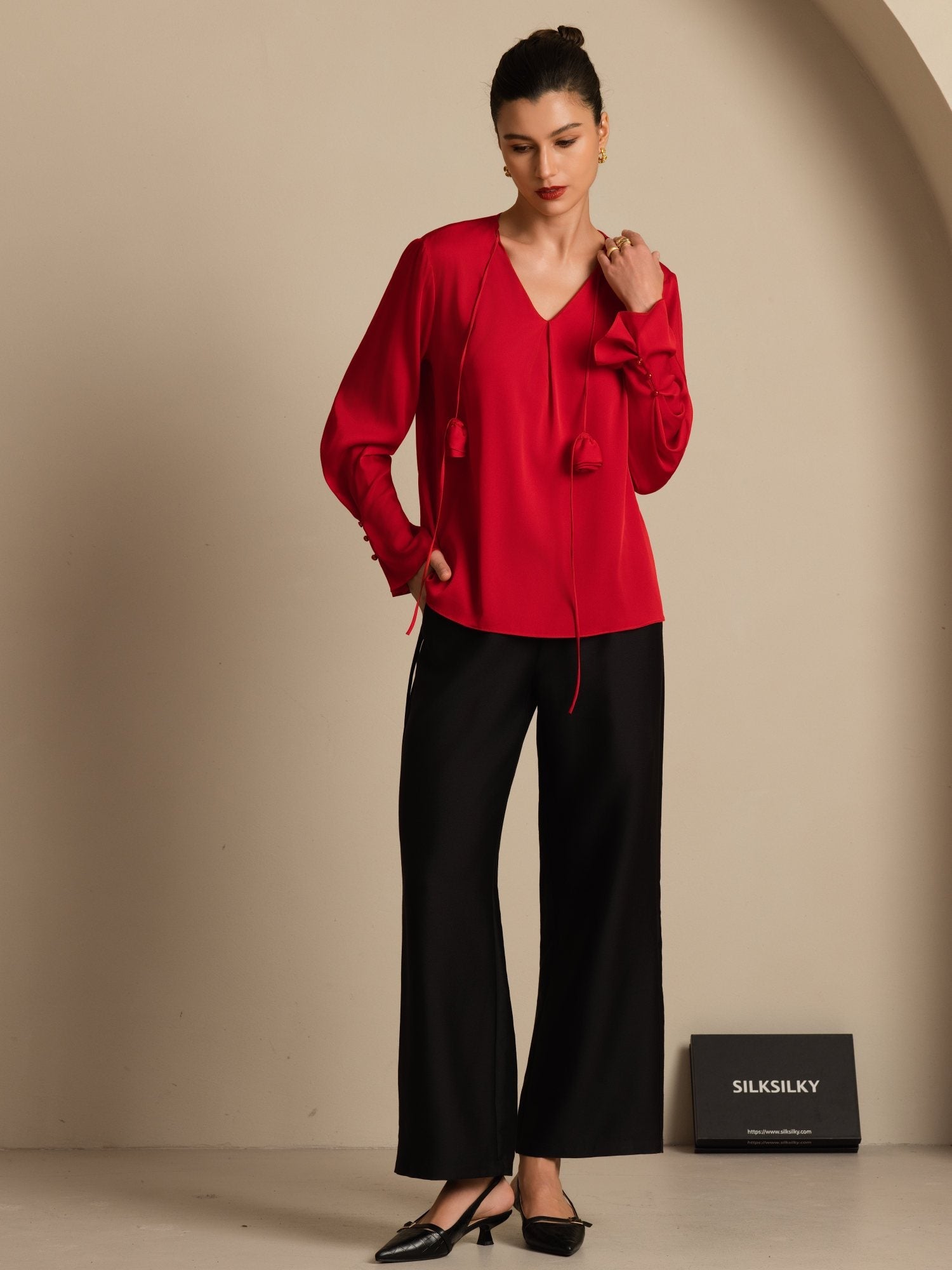 [Wijn] SilkSilky-NL 19Momme Zijde Lange Mouw V Hals Blouse 008