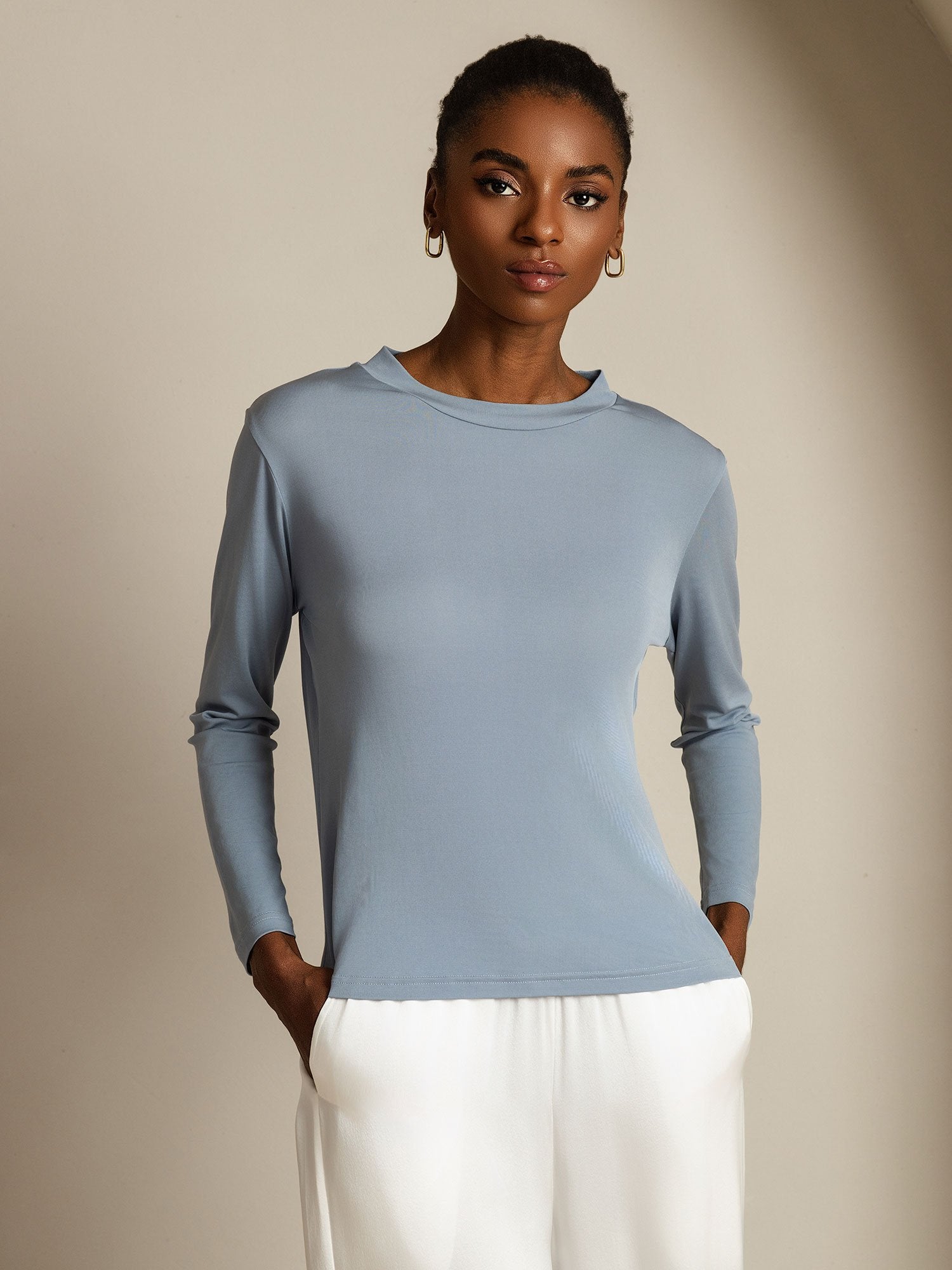 [GrijsachtigBlauw] SilkSilky-NL Zijde Ronde Hals Dames T-Shirt 006