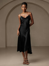 [Zwart] SilkSilky-NL Spaghetti Bandjes Waterval Hals Jurk 001