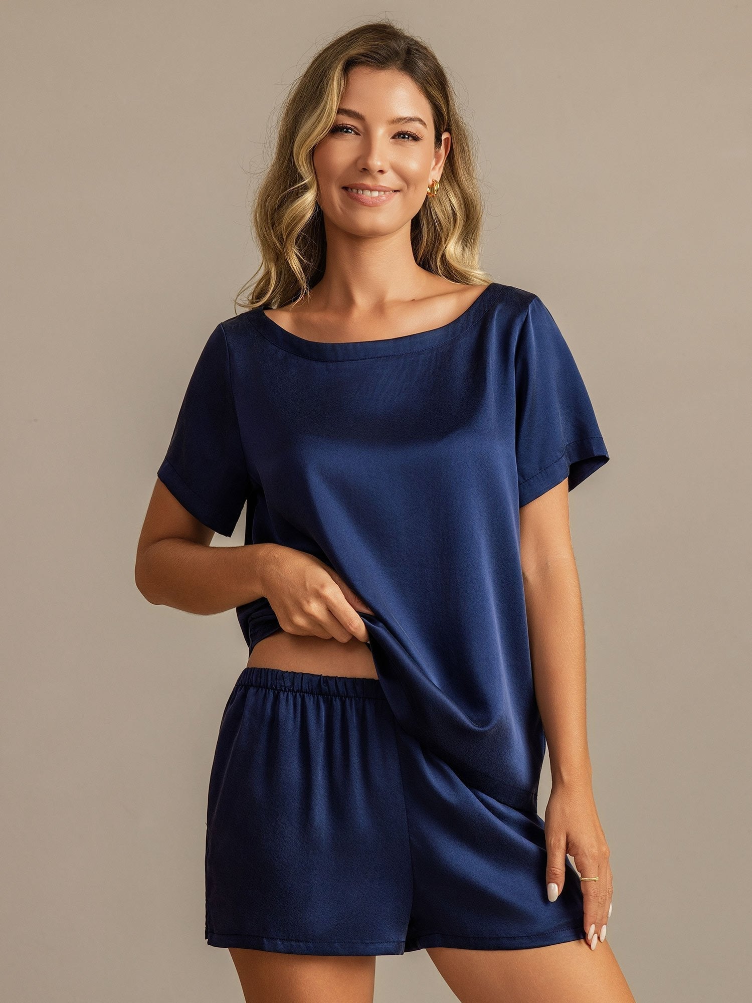 [Donkerblauw] SilkSilky-NL 19Momme Zijde Ronde Hals Dames Pyjama Set 005,