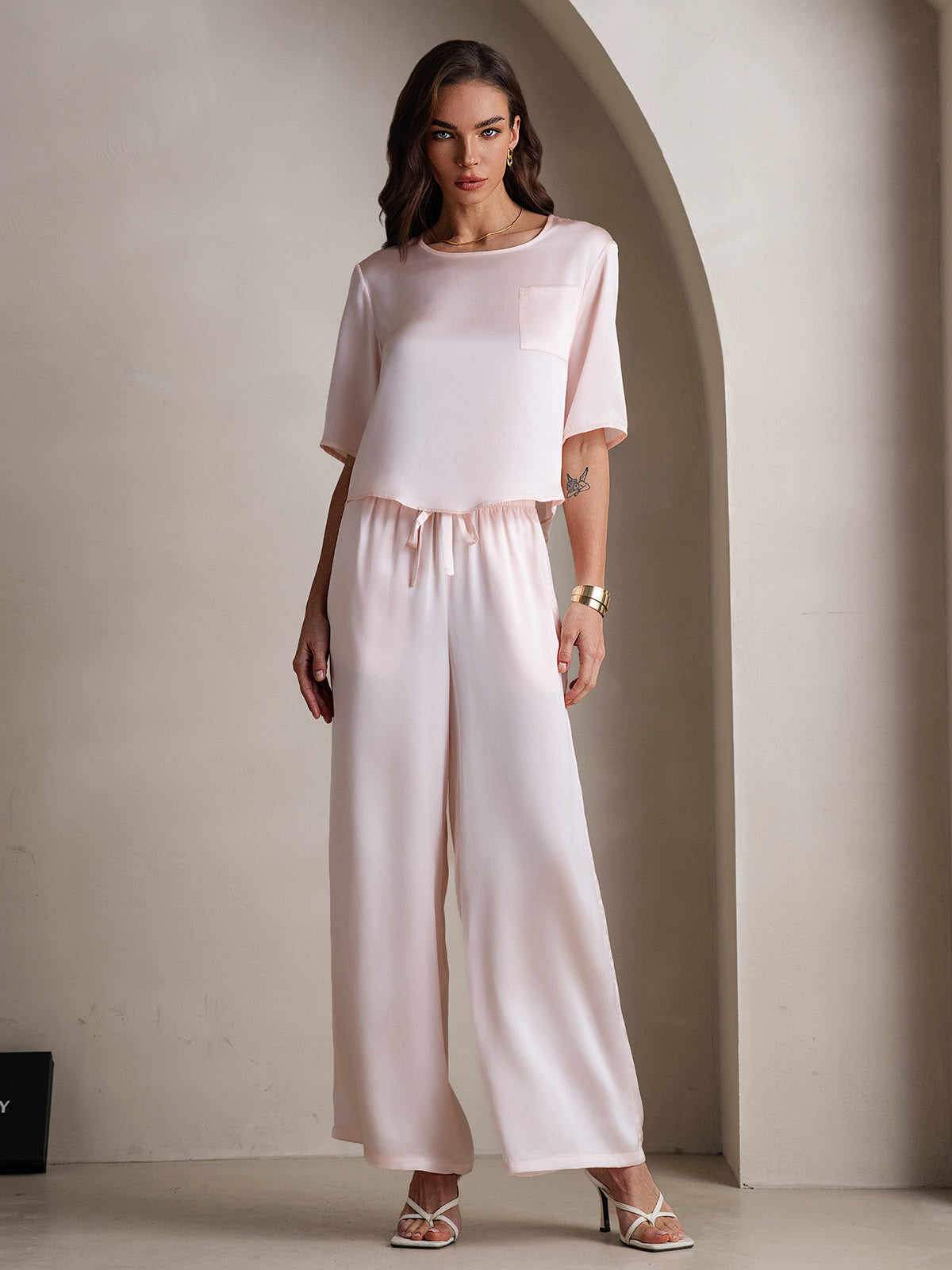 [Roze] SilkSilky-NL Ronde Hals Dames Pyjama Set 001,