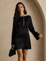 [Zwart] SilkSilky-NL Long Sleeve Boat Neck Jurk 003