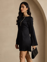 [Zwart] SilkSilky-NL Long Sleeve Boat Neck Jurk 004