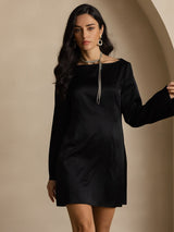 [Zwart] SilkSilky-NL Long Sleeve Boat Neck Jurk 005