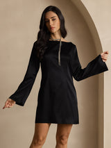 [Zwart] SilkSilky-NL Long Sleeve Boat Neck Jurk 006