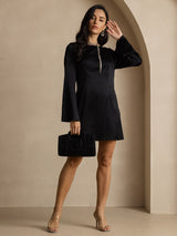 [Zwart] SilkSilky-NL Long Sleeve Boat Neck Jurk 007