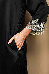[Zwart] SilkSilky-NL 3/4 Sleeve V Neck Nachthemd&Kamerjas Set 009