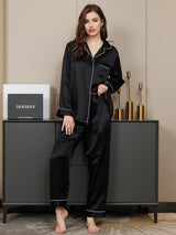 [Zwart] SilkSilky-NL Lange Mouw Notchkraag Dames Pyjama Set 001