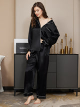 [Zwart] SilkSilky-NL Lange Mouw Notchkraag Dames Pyjama Set 004