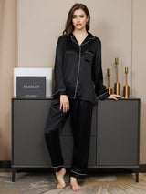 [Zwart] SilkSilky-NL Lange Mouw Notchkraag Dames Pyjama Set 005