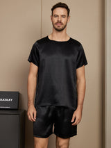 [Zwart] SilkSilky-NL Short Sleeve Round Neck Heren Pyjama Set 001