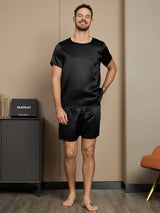 [Zwart] SilkSilky-NL Short Sleeve Round Neck Heren Pyjama Set 005