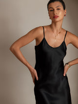 [Zwart] SilkSilky-NL Spaghetti Bandjes V Hals Jurk 003