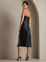 [Zwart] SilkSilky-NL Spaghetti Strap Cowl Neck Jurk 002