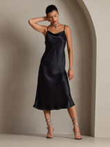 [Zwart] SilkSilky-NL Spaghetti Strap Cowl Neck Jurk 006