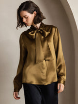 [Bruin] SilkSilky-NL 19Momme Lange Mouw Strikhals Blouse 001