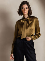 [Bruin] SilkSilky-NL 19Momme Lange Mouw Strikhals Blouse 004