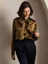 [Bruin] SilkSilky-NL 19Momme Lange Mouw Strikhals Blouse 005